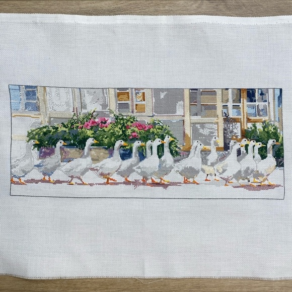 Rare Dawna Barton Gaggle Of Geese‎ Cross Stitch Kit Dinner Call Completed - Picture 1 of 11